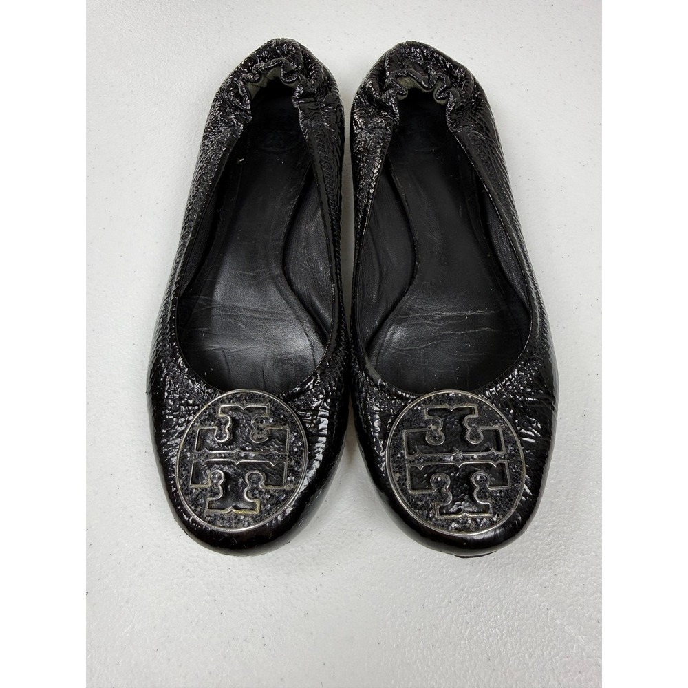 Tory Burch Reva Ballet Flats Women 7 Black Patent Leather Logo Glitter Medallion